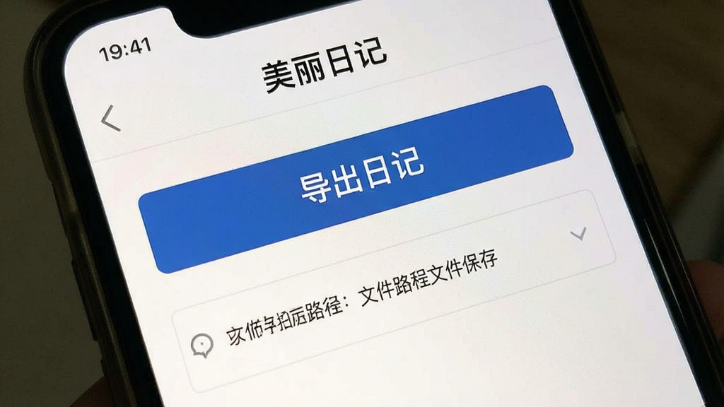 一张手机屏幕截图风格图片,展示“美丽日记”的导出备份功能页面,界面中有“导出日记”按钮和文件保存路径提示,背景简洁,风格实用,画质清晰