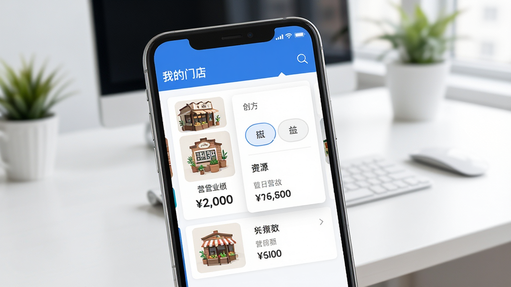 生意云多店铺管理界面展示,手机屏幕中显示店铺列表切换菜单,上方有“我的门店”标题,下方排列着三个不同名称的店铺卡片,每个卡片上有店铺头像和当日营业额数字,界面风格简洁清爽,蓝白配色,背景为明亮的办公室桌面,画质清晰干净,无杂乱装饰