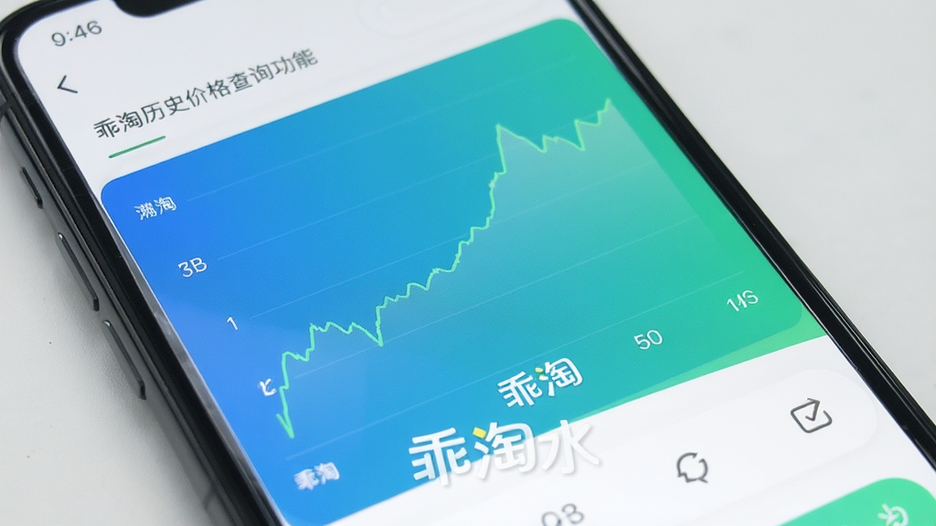 乖淘历史价格查询功能展示,手机屏幕特写,屏幕内显示商品价格走势折线图,曲线下方有乖淘的水印标识,图表配色为蓝绿渐变,界面干净无广告,风格专业简洁,画质清晰,无多余元素