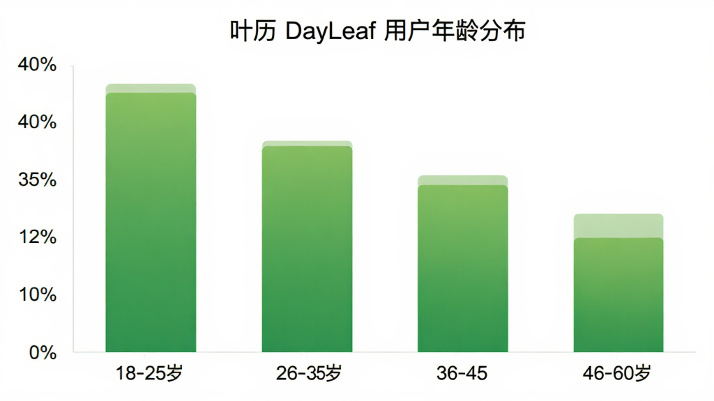һ��չʾҶ�� DayLeaf �û�����ֲ�����״ͼ������Ϊ�����18-25�ꡢ26-35�ꡢ36-45�ꡢ46-60�꣬����Ϊ�û�ռ�Ȱٷֱȣ�������ɫΪ�������ɫ��ͼ������Ϊ��Ҷ�� DayLeaf �û�����ֲ����������ɾ���ɫ����������ݿ��ӻ��������������޶���Ԫ��