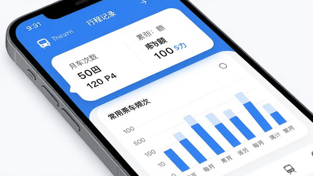 ���������ͨApp�г̼�¼ҳ�棬�ֻ���Ļչʾ�¶�ͨ��ͳ�ƿ�Ƭ�������˳��������ۼƽ��ͳ���վ���б���������״ͼչʾÿ�ܳ˳�Ƶ�Σ�������ɫΪ���״��䣬���ݿ�ƬԲ����ƣ�����ִ���Լ�����ʸɾ��������޶���Ԫ��