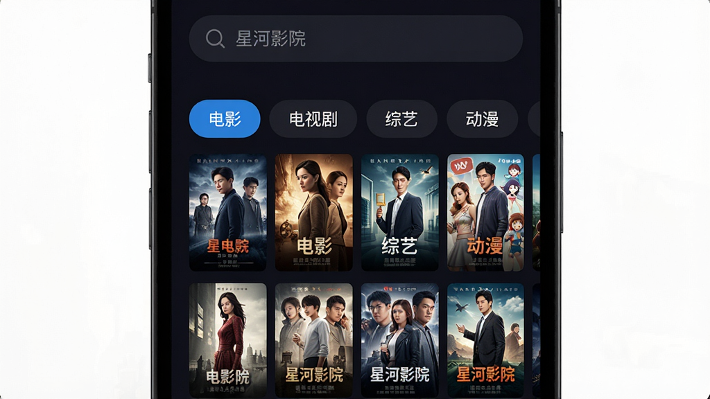 一张“星河影院”分类页面的展示图,主体为手机屏幕显示电影分类列表,布局上顶部是搜索栏,下方是横向滑动的分类标签“电影”“电视剧”“综艺”“动漫”,中间是网格排列的海报墙,排版整齐有序,风格为暗色系观影模式,细节上海报清晰、标签高亮、字体易读,画质干净,无多余元素