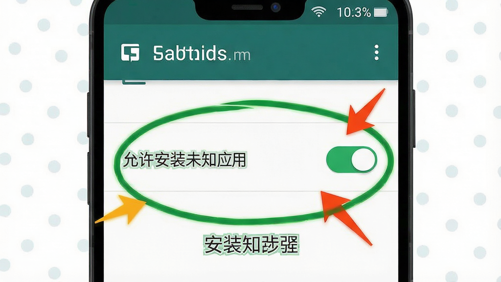 一张展示安卓手机安装未知来源应用设置的步骤示意图,主体为手机设置界面中的安全选项页面,布局上顶部是标题栏,中间是“允许安装未知应用”的开关按钮被高亮圈出,排版清晰明了,风格为扁平化教程图示,细节上开关呈绿色开启状态、箭头指示明确、文字标注简洁,画质干净,无多余元素