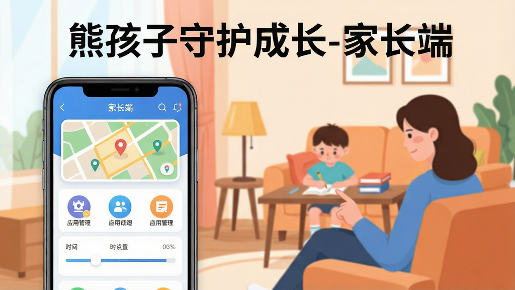 一张展示“熊孩子守护成长-家长端”应用核心全貌的宣传图,画面中央是一部智能手机,屏幕显示家长端主界面,背景是温馨的家庭客厅场景,一位家长坐在沙发上操作手机,孩子在不远处写作业,整体布局分为手机界面展示区和家庭场景区,风格为现代扁平化插画,细节包括手机屏幕上的位置地图、应用管理图标、时间设置滑块,文字标注“熊孩子守护成长-家长端”位于画面顶部,画质干净清晰,无多余元素