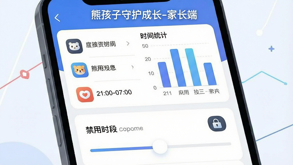 一张展示“熊孩子守护成长-家长端”应用管控功能的示意图,画面主体是手机屏幕特写,屏幕上半部分显示应用列表和时间统计条形图,下半部分显示禁用时段设置滑块,布局为上下结构,风格为科技感扁平UI插画,细节包括应用图标、时间数字“21:00-07:00”、锁定图标,文字标注“熊孩子守护成长-家长端”位于屏幕顶部,画质干净清晰,无多余元素