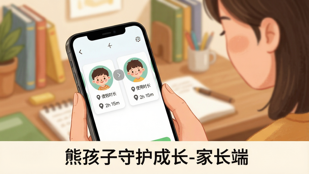 一张展示“熊孩子守护成长-家长端”多孩管理功能的场景图,画面中一位家长手持手机,手机屏幕显示两个孩子的头像卡片并排排列,每个卡片下方有位置图标和使用时长数字,背景是家庭书桌场景,布局为前景手机特写加背景虚化,风格为温暖生活化插画,细节包括孩子头像、切换箭头、时间数字“2h 15m”,文字标注“熊孩子守护成长-家长端”位于画面底部,画质干净清晰,无多余元素
