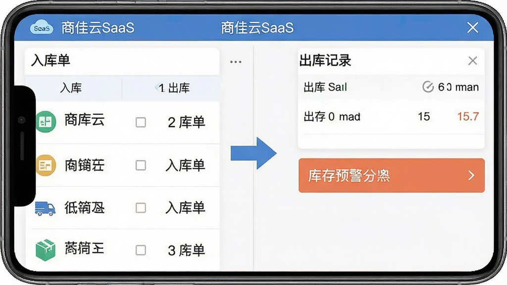 һ��չʾ���̼���SaaS�������湦�ܽ����ʾ��ͼ�������������ֻ���Ļ��д����Ļ���������ⵥ�б����Ҳ��ǳ����¼�Ϳ��Ԥ����ʾ�����м��ü�ͷ���ӱ�ʾ������ת���Ű�Ϊ���ҷ������֣����������ϸ��������������ͼ���ƽ�����ʸɾ�������Ԫ��