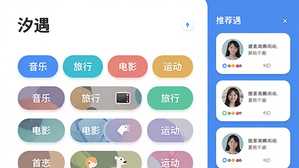 һ�Ž����ͼ���չʾ��ϫ��������Ȥ��ǩѡ��ҳ�棬��Ļ�����������֡����С���Ӱ���˶��Ȳ�ɫ��ǩ��ť���Ҳ����Ƽ��û�ͷ��Ƭ������������������ɫ�����ִ���ƽ��ƣ�ϸ��Բ�󣬻��ʸɾ�������