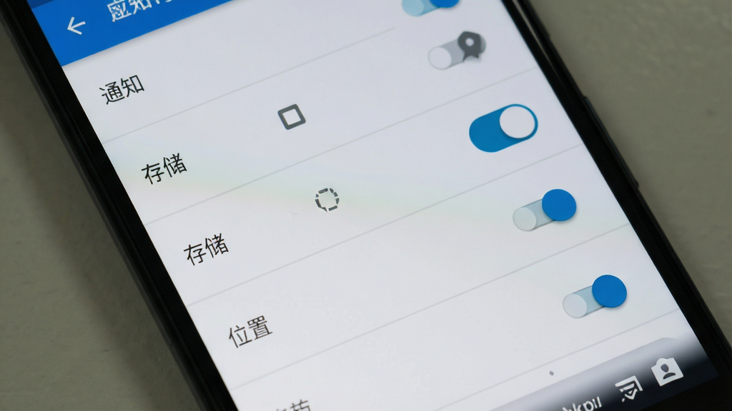 一张手机应用安装设置界面展示图,画面中一部手机屏幕显示安卓系统的权限管理页面,列表中有“通知”“存储”“位置”等权限开关,其中“通知”开关处于关闭状态,页面背景为浅灰色,布局为纵向列表,风格系统原生简洁,细节清晰,画质干净无多余元素