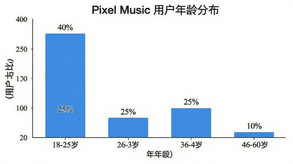 һ��չʾPixel Music�û�����ֲ�����״ͼ������Ϊ����Σ�18-25�ꡢ26-35�ꡢ36-45�ꡢ46-60�꣬����Ϊ�û�ռ�ȡ���״ͼ��ʾ26-35��ռ�����Լ40%��18-25��Լ25%��36-45��Լ25%��46-60��Լ10%��ͼ����ɫΪ����ϵ������࣬���ݱ�ǩ���������ʸɾ���