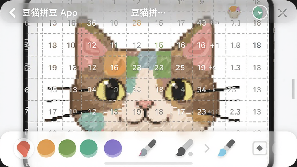 һ�š���èƴ����App��ͼֽ�༭�����ͼ���ͼƬ����Ļ��ʾһ��ƴ��ͼֽ�ľֲ��Ŵ�ͼ�������в�ɫ���ӡ������ߺ�ɫ�����ֱ�ע������ײ��е�ɫ�̺ͻ��ʹ���ͼ�꣬���岼������������ִ���ƽ��ϸ��Բ�󣬻��ʸɾ�