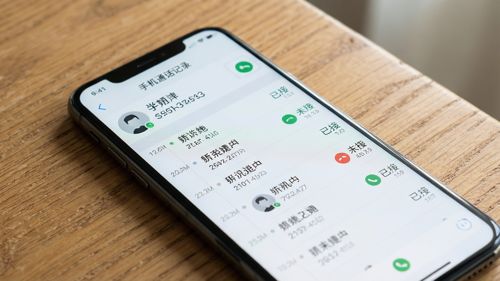 一部手机放在木质桌面上,屏幕亮起显示“手机通话记录”App的通话详情页面,页面顶部显示联系人姓名和号码,下方以时间轴形式排列着与该联系人的多次通话记录,每条记录右侧清晰标注着“已接”、“未接”状态图标和通话时长,界面风格清爽,文字排版整齐,周围有柔和的自然光,画质细腻,无杂乱元素。