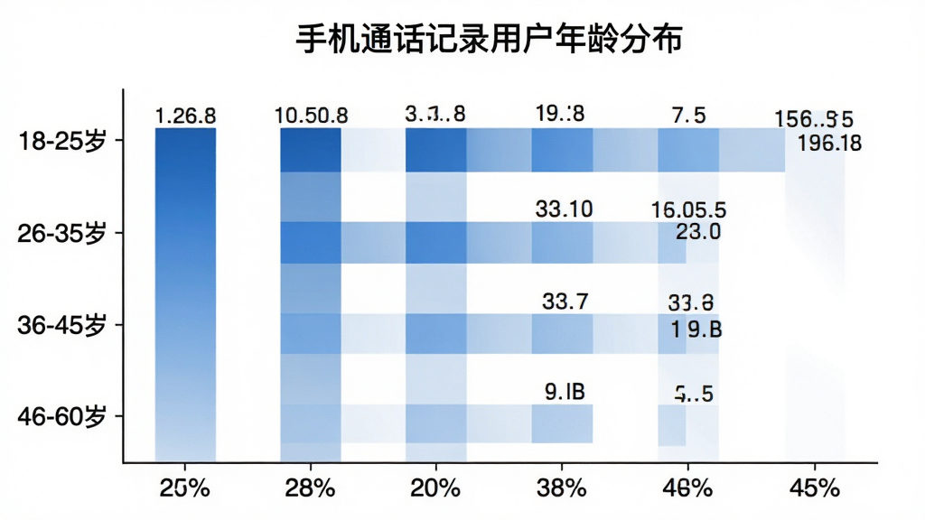 一张横向柱状图,展示不同年龄段用户占比,纵轴为年龄段“18-25岁”、“26-35岁”、“36-45岁”、“46-60岁”,横轴为百分比,柱子颜色为蓝色渐变,图表标题为“手机通话记录用户年龄分布”,数据标签清晰显示在柱子上方,背景为白色,风格简洁专业,无多余元素。