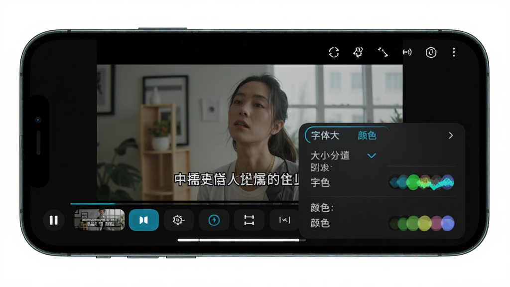 Jellify播放界面展示外挂字幕加载功能,手机横屏播放视频画面,底部有字幕轨道选择菜单弹出,字幕设置面板显示字体大小与颜色选项,画面中文字幕清晰可见,深色播放器界面配亮色控件,风格专业简洁,画质锐利