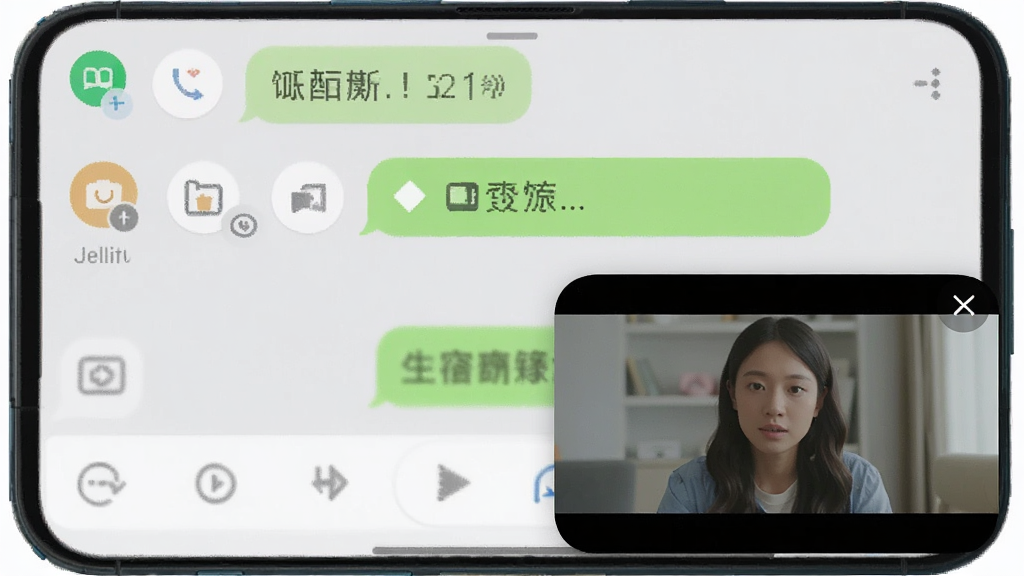 Jellify安卓手机播放视频时的画中画小窗模式,手机屏幕上半部分显示聊天应用界面,右下角悬浮着视频小窗正在播放画面,小窗带圆角边框和关闭按钮,整体界面清爽,浅色主题,画质干净无杂乱元素