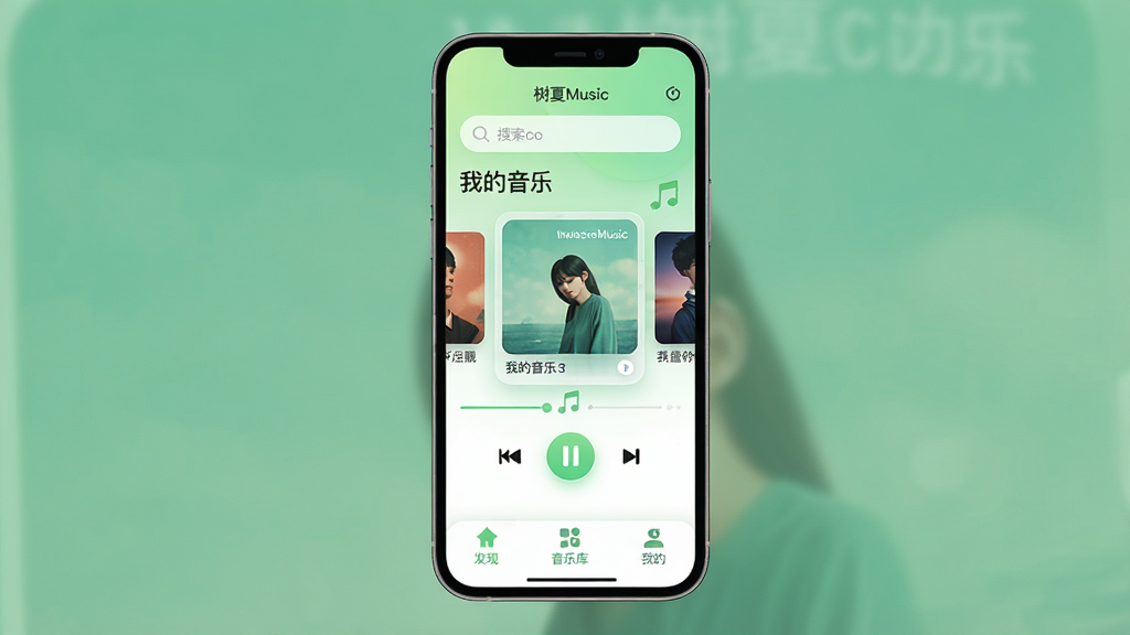 һ���ֻ����ֲ���������չʾͼ�����������ǡ�����Music��Ӧ�õ������棬������ʾ�������͡��ҵ����֡����⣬�м���ר�������ֲ��Ͳ��ſ��ư�ť���ײ�Ϊ���֡����ֿ⡢�ҵ�����ѡ����������ǳ�����ɫ������ɫ��������¼�Լ��ϸ��Բ�󣬻��ʸɾ��������޶���Ԫ��
