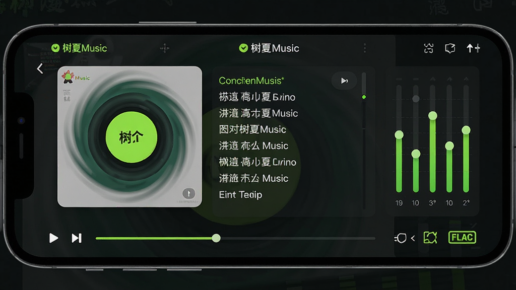 һ�š�����Music�����Ž����ϸ��չʾͼ���������ֻ�������ʾ��������ҳ���������ת��ר�����棬�Ҳ��Ǹ�ʹ�������;�����������壬�ײ��в��Ž����������ʱ�ʶ��FLAC�������岼�����ҷ���������ִ���ƽ����ɫ����ɫ������ӫ���̵�׺�����ʸɾ��޶���Ԫ��