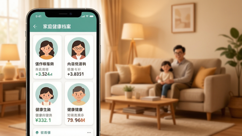 向左健康应用家庭健康档案界面,手机屏幕显示多个家庭成员头像卡片和各自的健康数据摘要,背景是温馨的家庭客厅场景,柔和暖色调,扁平化设计风格,界面干净整洁,画质清晰,无多余元素