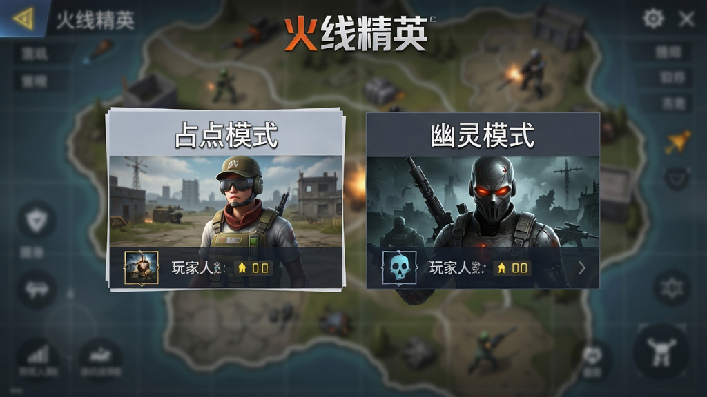 一张展示《火线精英》多模式玩法选择的图片,画面主体是游戏模式选择界面,中央显示“占点模式”和“幽灵模式”两个大选项卡,背景是模糊的战场地图轮廓,布局为居中卡片式排版,风格为简洁游戏菜单风格,细节包括模式图标、玩家人数标签和“火线精英”标题,画质干净明亮,无杂乱元素