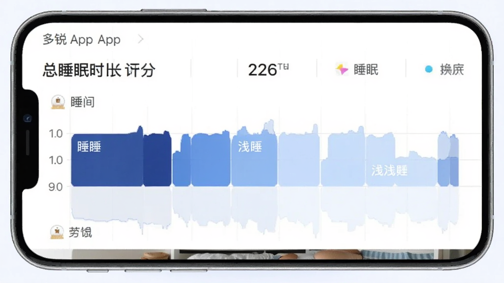 一张多锐App睡眠监测报告界面的手机截图,屏幕中显示睡眠时间轴,深睡浅睡用不同深浅的蓝色色块区分,顶部显示总睡眠时长和睡眠评分,界面风格柔和安静,画质清晰干净