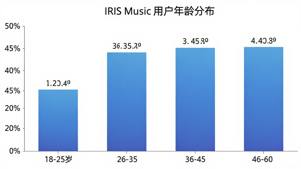 һ����״ͼչʾIRIS Music�û�����ηֲ�������Ϊ�����18-25�ꡢ26-35�ꡢ36-45�ꡢ46-60�꣬����Ϊ�û�ռ�Ȱٷֱȣ���״��ɫΪ��ɫ���䣬ͼ������ΪIRIS Music�û�����ֲ������ݱ�ǩ�����������ɾ���������ִ�