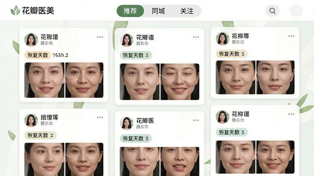 一张“花瓣医美”社区页面的示意图,画面主体是瀑布流排列的用户变美日记卡片,每张卡片包含用户头像、昵称、项目名称标签、恢复天数标签以及一张面部局部对比图,页面顶部有“推荐”“同城”“关注”三个切换标签,整体风格清新自然,布局错落有致,画质干净明亮,无杂乱元素。
