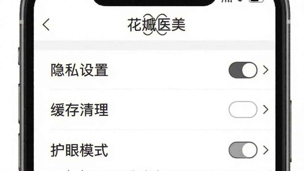 一张手机屏幕显示“花瓣医美”设置页面的示意图,页面包含“隐私设置”“缓存清理”“护眼模式”等选项列表,每个选项右侧有切换开关或箭头图标,背景为纯白色,文字清晰,图标为线性风格,布局规整,画质干净无干扰元素。