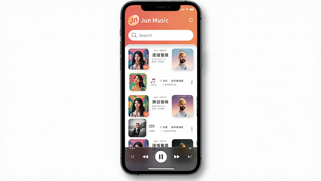 һ��չʾJun Music���ֲ��������������ϸ����ͼ������Ϊ�ֻ���Ļ����ʾ�����ֲ����б����棬�����϶�����Jun Music��Logo�����������м��Ǹ����б�����ר�����棬�ײ��ǲ��ſ��������Ű�Ϊ����չʾ�ֻ����沢������΢��Ӱ�����Ϊ�ִ���ƽ����ƣ�ϸ���ϸ�������ɫ�ʷḻ������������ͼ��Բ�󣬻��ʸ���ɾ��޶���Ԫ��