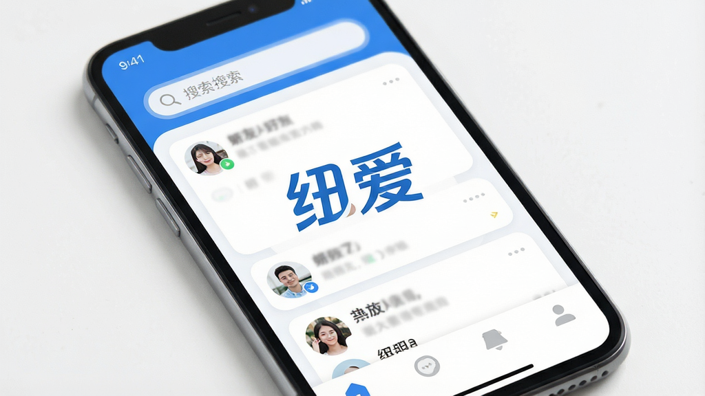 一张手机屏幕展示社交应用主界面的图片,画面中央是应用名称“纽爱”的Logo和聊天列表界面,整体布局为顶部搜索栏、中部好友对话卡片、底部导航栏,风格清新简洁,蓝白配色为主,细节圆润,画质干净清晰,无多余元素