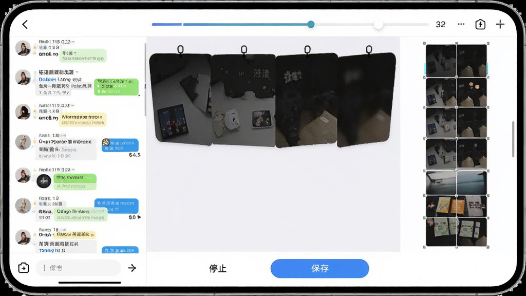 ���ٽ�ͼ��ע������ͼ���ܽ��棬�ֻ���Ļ��ʾһ�������Զ�ƴ�ӵĳ���ͼԤ��������������¼�б����Ҳ���ƴ����ɵĳ�ͼ����ͼ�����涥���н�������ʾƴ�ӽ��ȣ��ײ���ֹͣ�ͱ��水ť�������ʵ�ã����������ɾ�