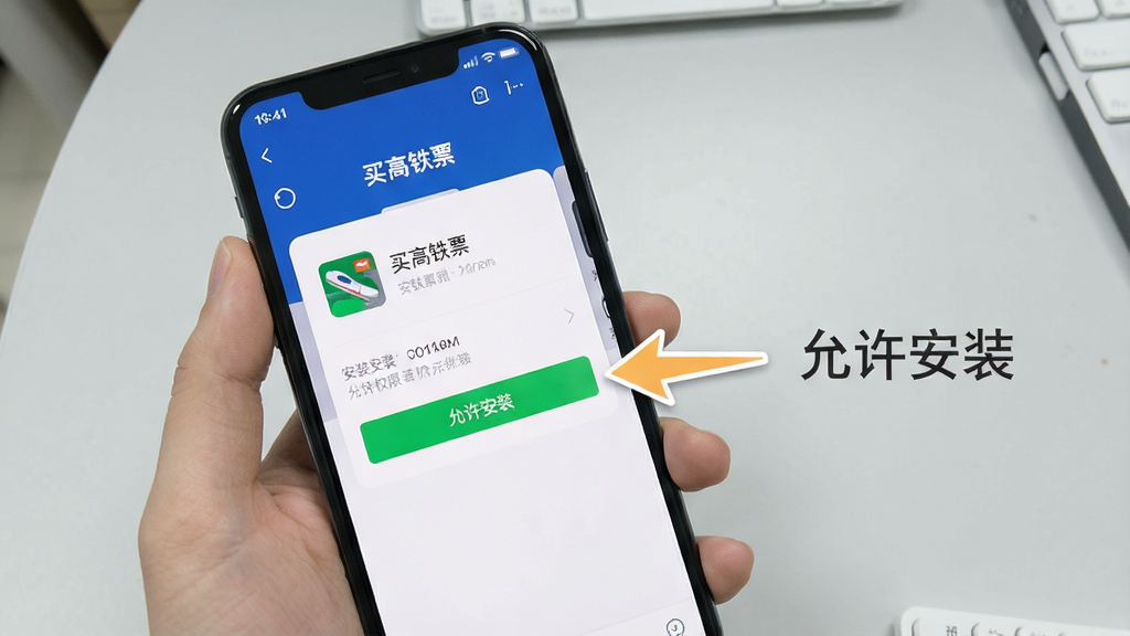 一张手机操作示意图,画面中一只手拿着手机,屏幕上显示“买高铁票”App的安装权限设置页面,旁边有箭头标注“允许安装”按钮,背景为浅灰色桌面,风格简洁直观,画质干净无多余元素
