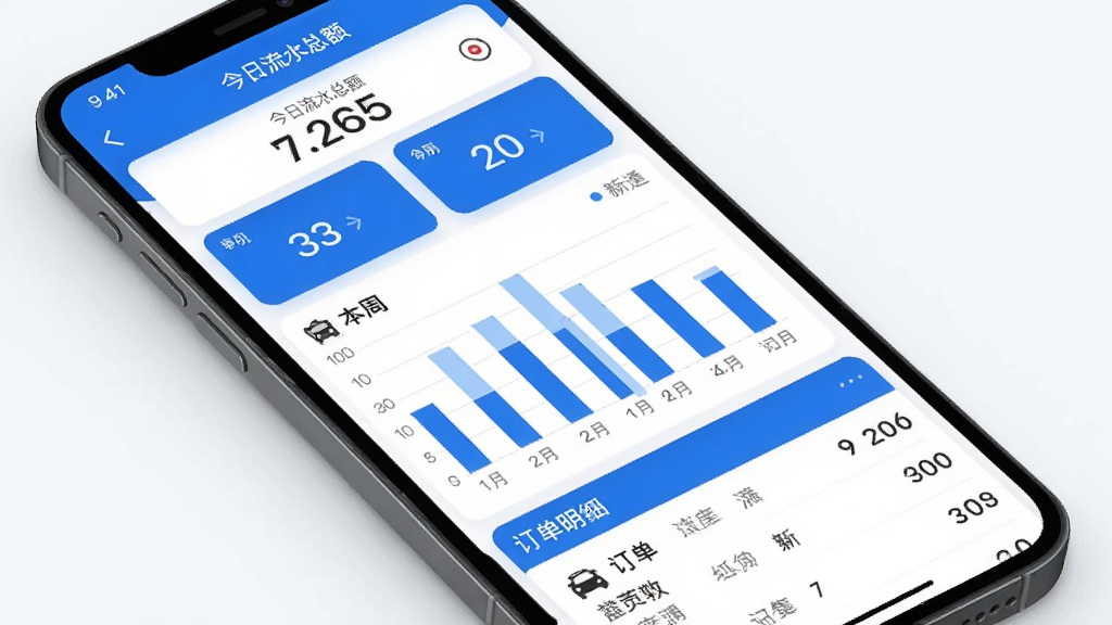 网乐专车出行司机端APP流水统计页面展示图,手机屏幕显示柱状图和数字卡片,顶部有今日流水总额,中间是本周每日流水柱状图,底部是订单明细列表,界面配色以蓝白为主,风格简洁现代,画质清晰干净