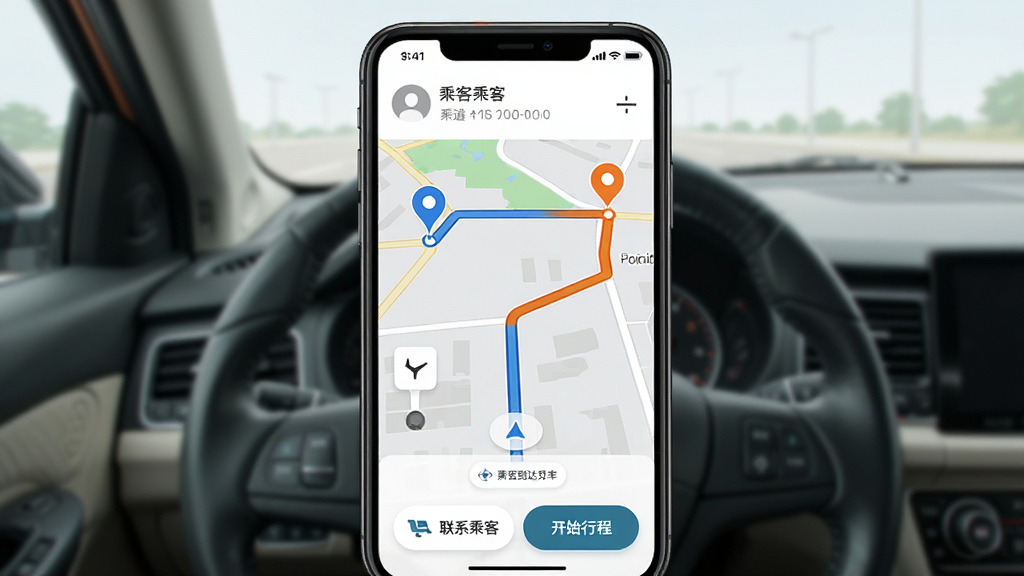 网乐专车出行司机端APP导航界面展示图,手机屏幕显示地图路线规划,起点和终点用蓝色和橙色标记,路线用粗线条高亮显示,屏幕上方显示乘客信息和预计到达时间,下方有联系乘客和开始行程按钮,背景为车内视角,风格现代扁平,画质干净清晰