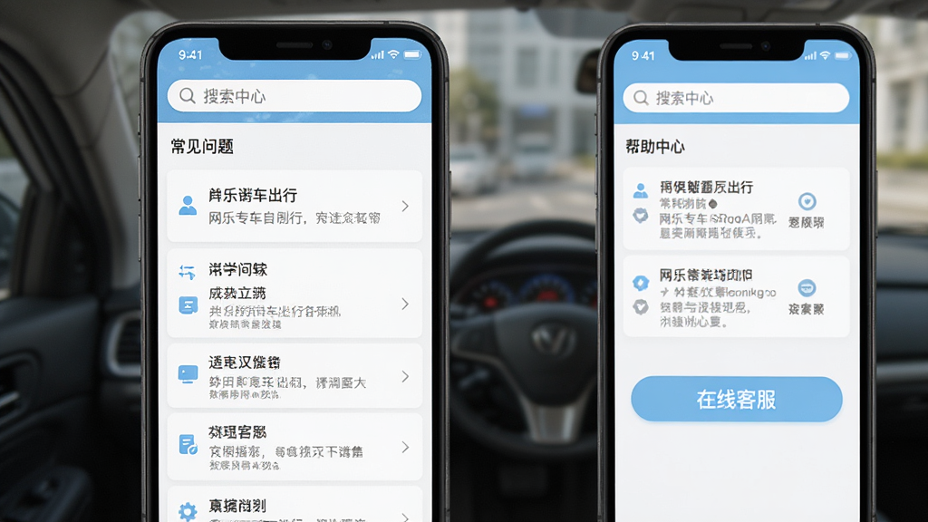 网乐专车出行司机端APP帮助中心页面截图,手机屏幕显示常见问题列表和在线客服入口按钮,界面顶部有搜索框,整体布局清晰,配色以白色和浅蓝色为主,风格简洁实用,画质干净无多余元素