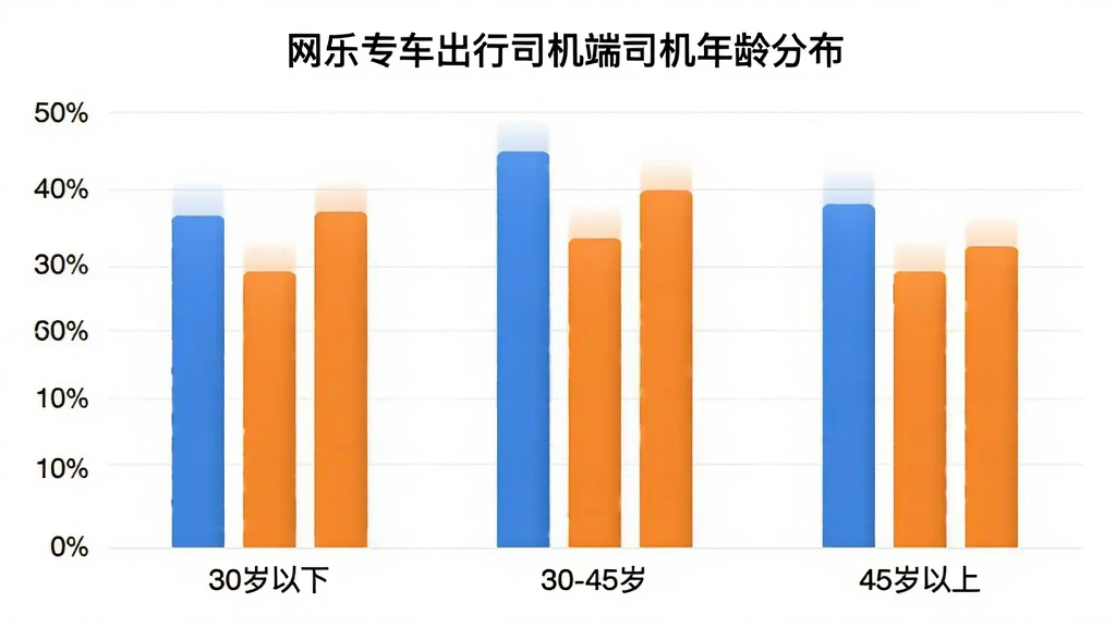 网乐专车出行司机端用户年龄分布柱状图,横轴标注30岁以下、30-45岁、45岁以上三个年龄段,纵轴为百分比数值,柱体用蓝色和橙色区分,图表标题为“网乐专车出行司机端司机年龄分布”,风格简洁商务,画质清晰干净
