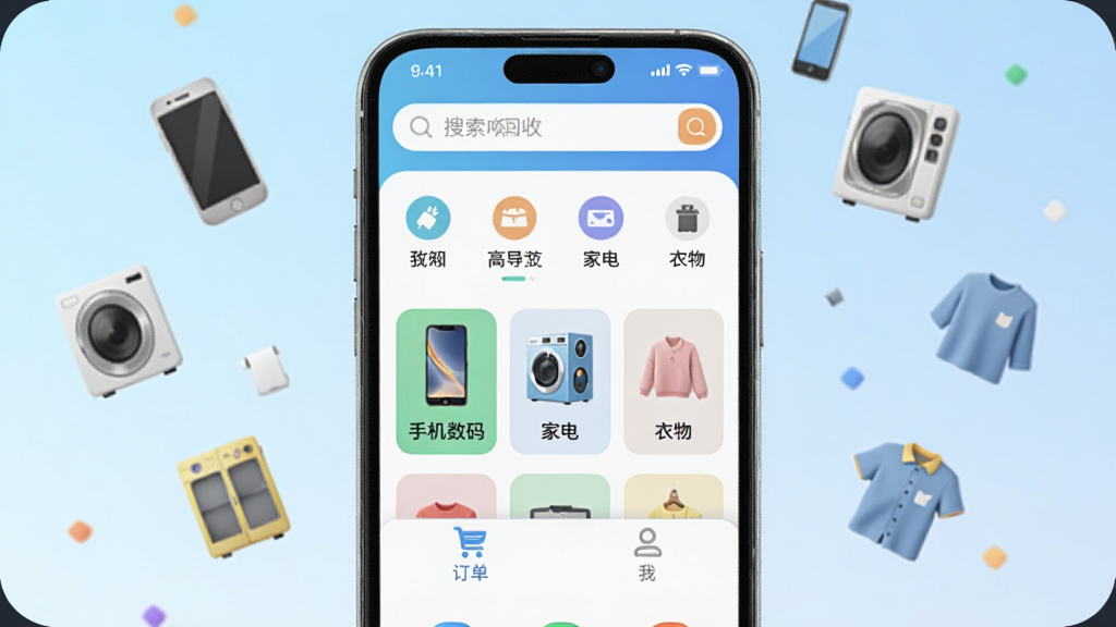 画面中央是一部智能手机,屏幕显示