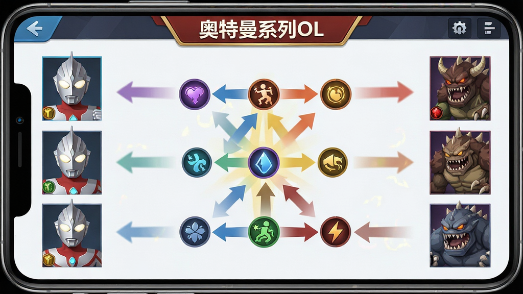 一张展示“奥特曼系列OL”阵容搭配策略的图片,画面是一个手机游戏界面截图风格,屏幕中间是3v3的阵容选择界面,左侧是玩家队伍的三个奥特曼头像,右侧是敌方怪兽阵容,中间有属性克制箭头指示,界面上方有“奥特曼系列OL”的标题栏,布局采用横版游戏UI构图,风格为现代扁平化游戏界面设计,细节上突出属性图标和克制关系的颜色区分,画质干净清晰,无多余元素