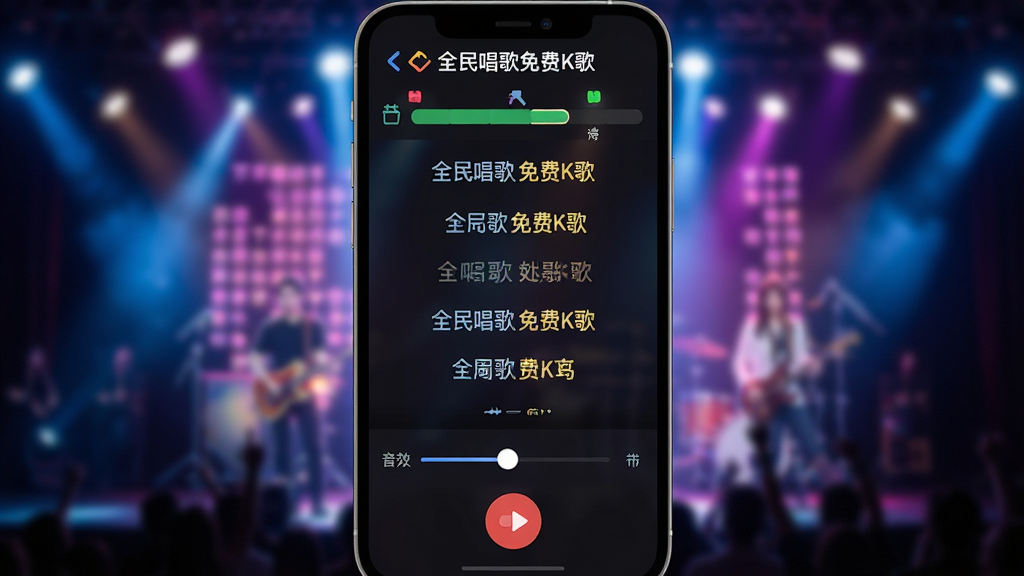 一张展示“全民唱歌免费K歌”演唱界面的手机截图,画面中歌词正在滚动,顶部显示当前得分和音准提示条,底部有音效调节滑块和录音按钮,背景是模糊的舞台灯光效果,风格动感现代,布局清晰,画质干净无多余元素