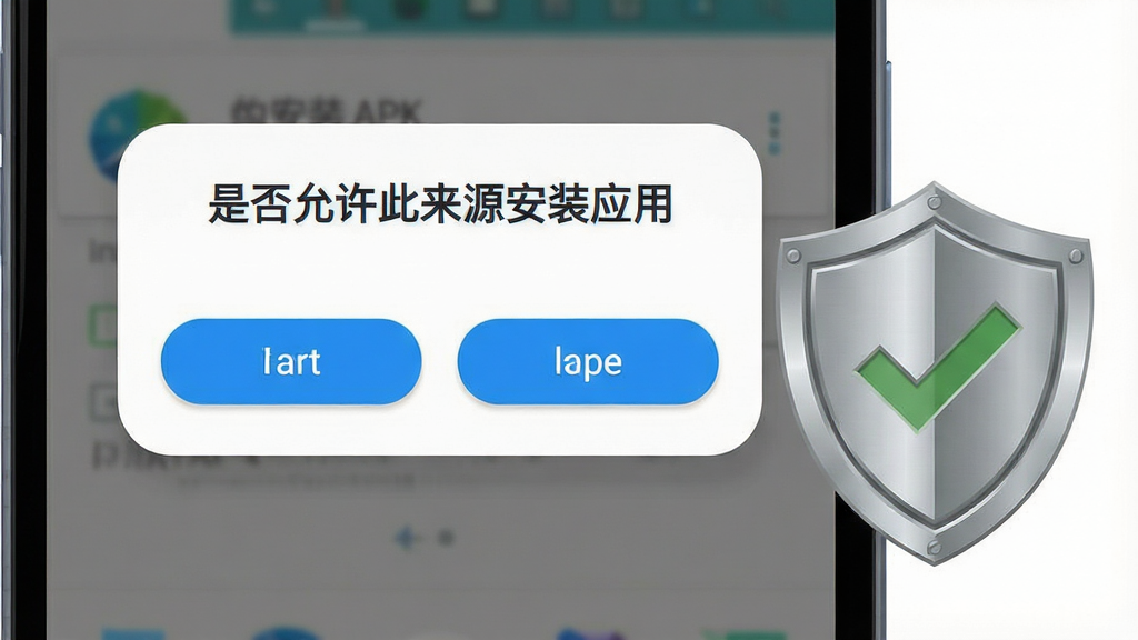 一张展示安卓手机安装APK文件时出现未知来源提示的界面示意图,画面主体是手机屏幕特写,屏幕中显示安装确认弹窗,弹窗上有“是否允许此来源安装应用”的文字和两个按钮,手机旁边有一个盾牌图标和勾选标记,布局上手机屏幕居中,排版突出弹窗内容,风格为扁平化系统界面示意图,细节包括弹窗的圆角边框、按钮的蓝色高亮、盾牌图标的金属质感,画质干净清晰无多余元素