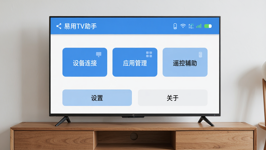 ����������һ̨����ľ�ʵ��ӹ��ϵ����ܵ��ӣ�������Ļ��ʾ������TV���֡������棬���沼�ּ�࣬�������������ƺ�����״̬ͼ�꣬�м���������ť�ֱ��ע���豸���ӡ���Ӧ�ù�������ң�ظ��������ײ������ú͹���ѡ��������������ɫ������ִ���ƽ�����ʸɾ��������޶���Ԫ��