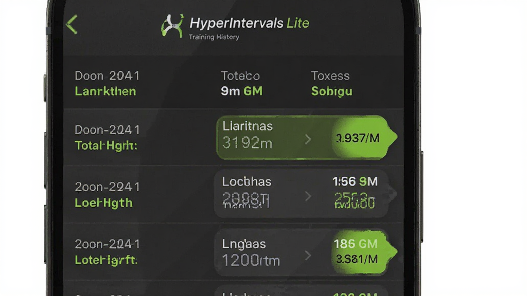 HyperIntervals Lite ѵ����ʷ��¼���棬�ֻ���Ļ��ʾ���������е�ѵ���б���ÿ����¼�������ڡ���ʱ����������������չ������ʾÿ����ʱ��ϸ�������࣬�����ɫ��ӫ����Ϊ��׺ɫ�����ֹ��������ʸɾ�