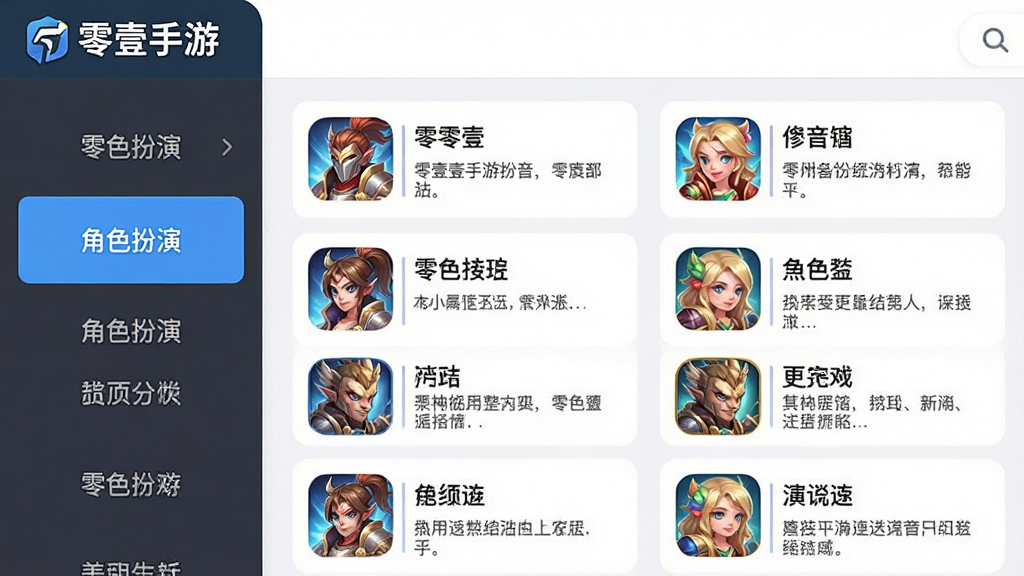 一张“零壹手游”游戏分类界面的示意图,画面左侧是竖排分类标签栏,高亮显示“角色扮演”分类,右侧是游戏列表,每个游戏条目包含图标、名称和简短描述,界面顶部有“零壹手游”品牌标识,整体风格简洁明快,配色清爽,画质干净无多余元素。