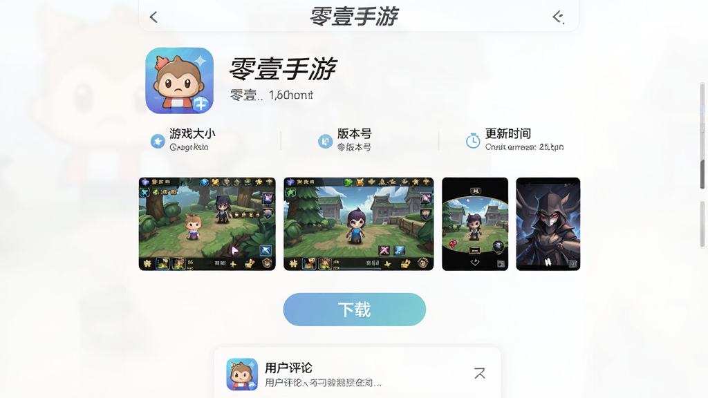 一张“零壹手游”游戏详情页的示意图,画面顶部是游戏大图标和名称,下方依次排列着“游戏大小”“版本号”“更新时间”等信息条目,中间是游戏截图预览,底部有“下载”按钮和用户评论区入口,界面顶部有“零壹手游”标识,整体风格清晰规整,配色柔和,画质干净无多余元素。