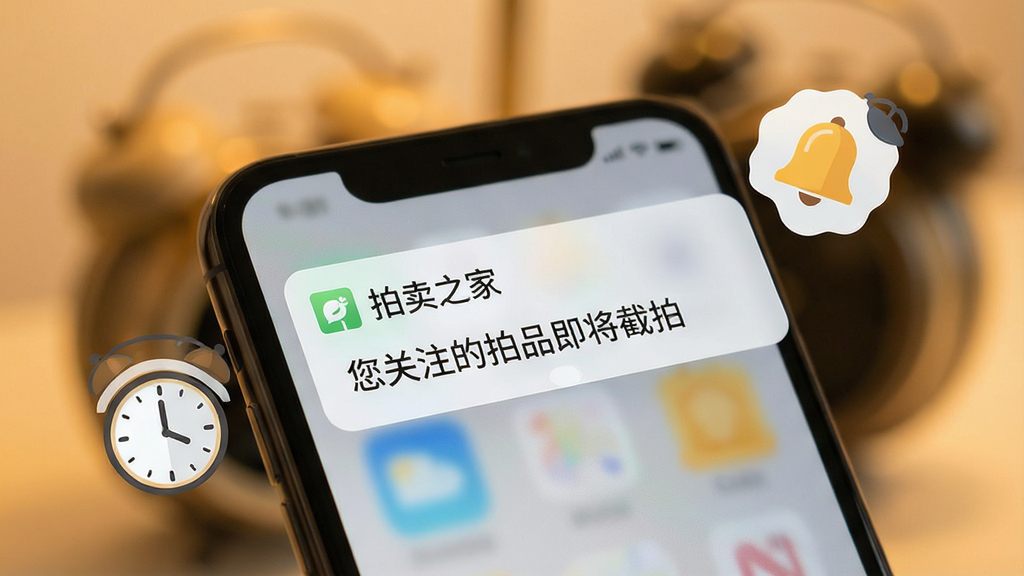 画面中一部手机屏幕特写,屏幕上方弹出“拍卖之家”的竞价提醒通知卡片,显示“您关注的拍品即将截拍”,手机旁边环绕着时钟图标和铃铛图标,背景虚化为暖色调,风格简洁直观,画质清晰干净,突出消息提醒功能,无杂乱元素