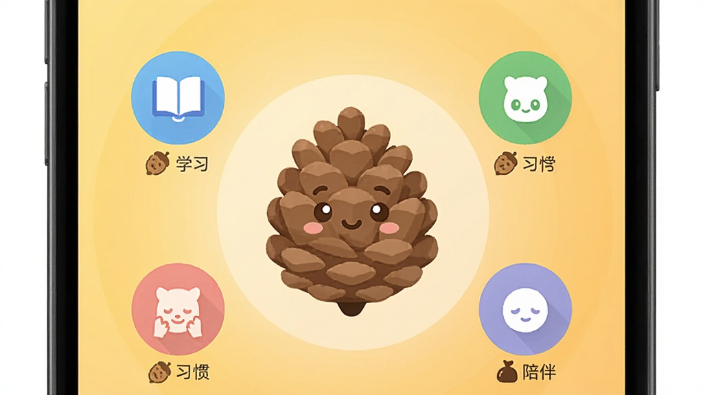 一张展示松果宝宝应用主界面的手机屏幕截图,画面中央是圆润可爱的松果卡通形象,周围环绕着学习、习惯、陪伴三个功能图标,背景为柔和的暖黄色渐变,风格清新扁平,细节干净,画质清晰无多余元素