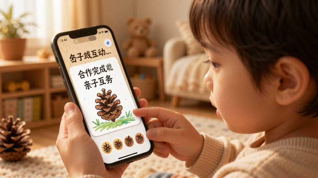 一张展示松果宝宝亲子互动任务页面的图片,画面中家长和孩子一起看着手机屏幕,屏幕上显示合作完成的手绘任务卡片,背景温馨家庭场景,风格温暖柔和,画质清晰