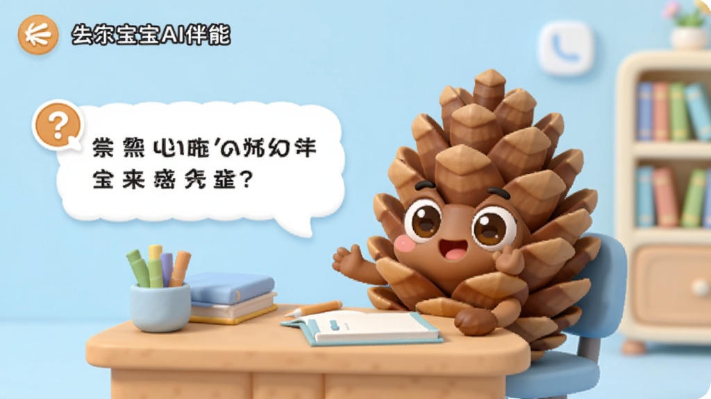 一张展示松果宝宝AI伴学功能的界面图,画面中一个卡通松果形象坐在书桌前,旁边有对话气泡显示引导性问题,背景是浅蓝色学习场景,风格活泼明快,布局清晰,画质干净