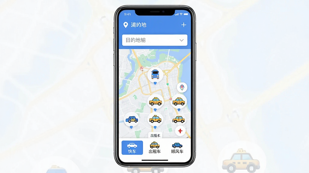 �δ�γ���������ҳȫòչʾ���ֻ���Ļ���湹ͼ�������涥����ʾ��λ��Ŀ�ĵ�������м��ǵ�ͼ����͸�������ͼ�꣬�ײ��С��쳵�������⳵����˳�糵���ȹ��ܰ�ť����������ˬ��࣬������ɫ���������������ʸɾ��޶���Ԫ��