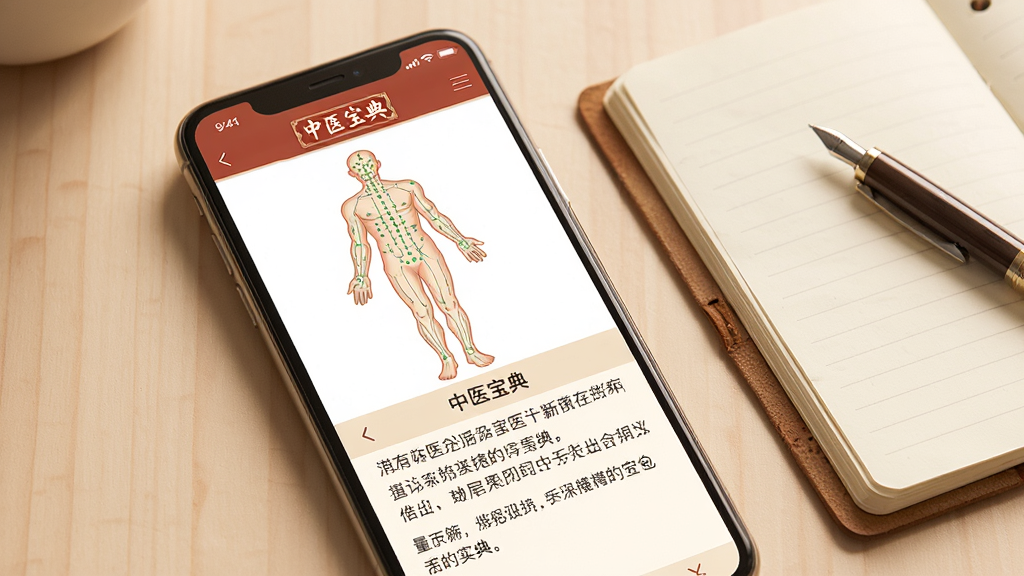 һ�š���ҽ���䡱Ӧ����ҳ��ͼ����ͼƬ������չʾ�ֻ���Ļ��һ��Ѩλ����ҳ���Ϸ�������Ѩλʾ��ͼ���·�������˵�����Ա߷���һ�������ıʼǱ���һ֧�ʣ�����ɫ����ů��ͣ������������ʸɾ���������Ԫ��
