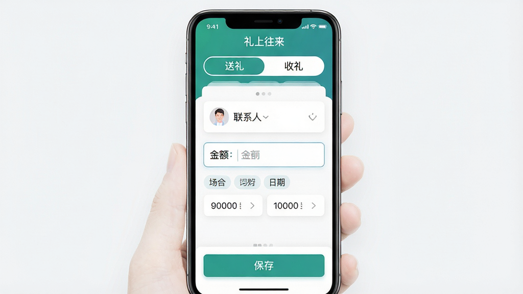 一张“礼上往来”APP记账操作界面展示图,主体为手机屏幕中的快速记账表单,布局为顶部选择送礼或收礼切换按钮,中间为联系人选择框和金额输入框,下方为场合标签和日期选择器,底部为保存按钮,排版清晰,风格为简约卡片式设计,细节精致,画质干净无多余元素,图中文字包含“礼上往来”